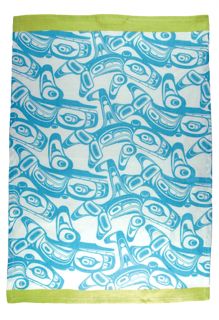 Indigenous American Art - Tea Towel - Turquoise/Lime Orca Pattern