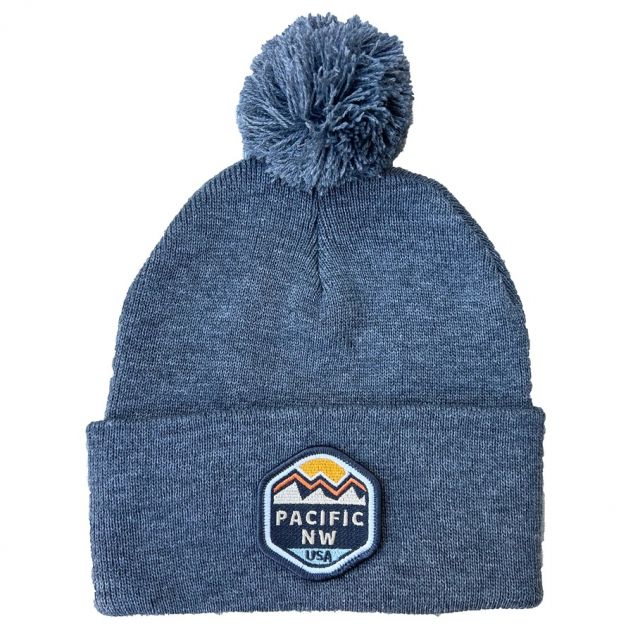 Beanie Hat - Pacific NW Patch - Blue Pom Pom
