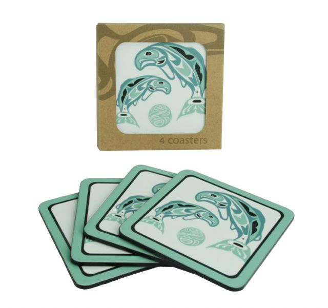 Coaster Set - Native American Design Coasters - Circle of Life by Anthony Joseph - Set of 4  (Salmon) 