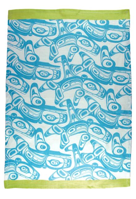 Indigenous American Art - Tea Towel - Turquoise/Lime Orca Pattern