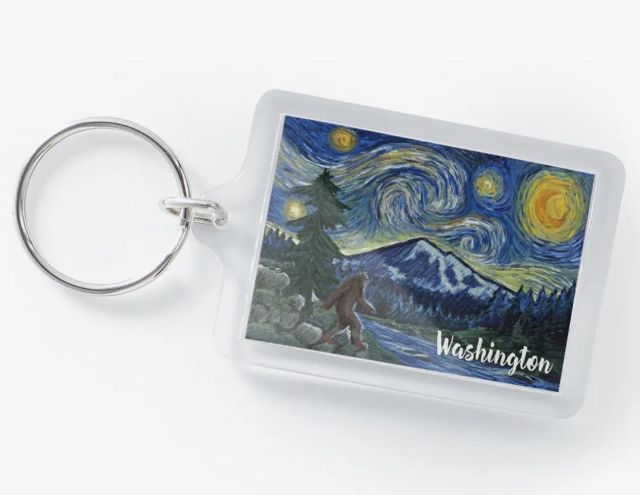 Keychain - Starry Night Bigfoot with Mt Rainier