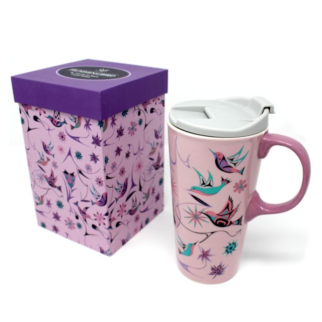 Native American - 17oz Ceramic Travel Mug With Handle - Hummingbird by Nicole La Rock