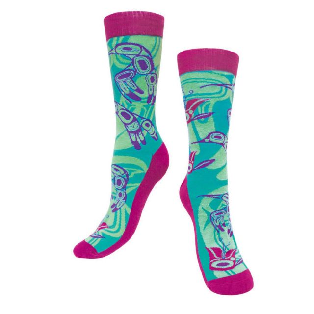 Native Northwest Art Socks - Hummingbirds (Pink/Green) - Medium/Large