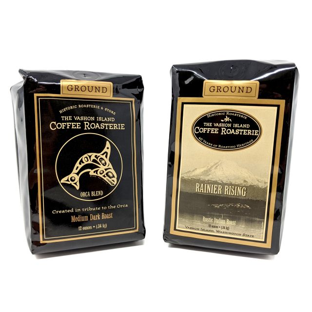 Vashon Island Coffee Roasterie - Ground Orca and Rainier Rising Blends - Best Price: 1 of each (24 oz)